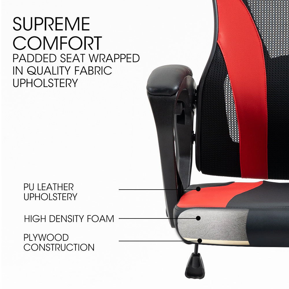 OVERDRIVE Ergonomic Gaming Desk Chair, Height Adjustable Lumbar Support, Mesh Fabric, Faux Leather, Headrest, Black/Red